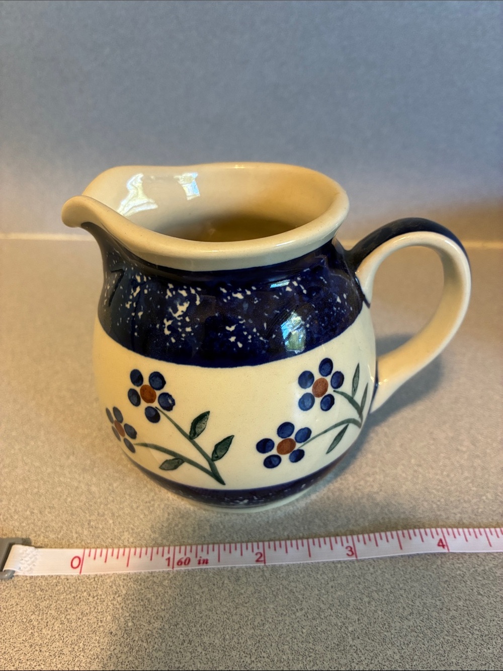 Polish pottery Hand-Painted Floral Ceramic Creamer in Cream and Navy